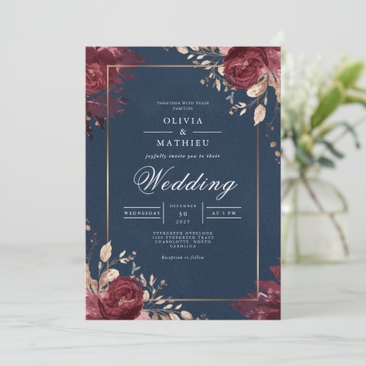 Deep Red Floral Navy Border Wedding Kaart (Staand voorkant)