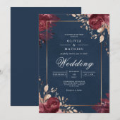 Deep Red Floral Navy Border Wedding Kaart (Voorkant / Achterkant)