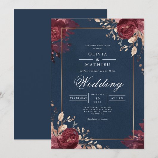 Deep Red Floral Navy Border Wedding Kaart (Voorkant / Achterkant)