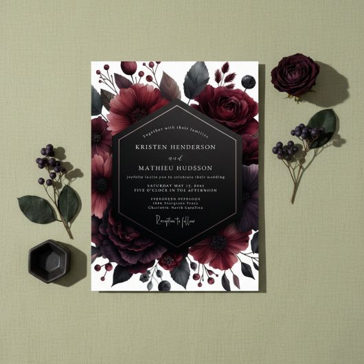 Deep Red Floral Opulence Wedding Kaart