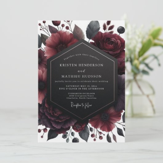 Deep Red Floral Opulence Wedding Kaart (Staand voorkant)