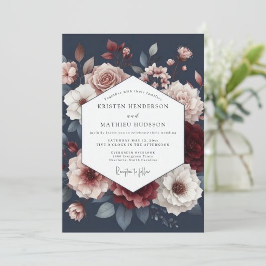 Deep Red Floral Romance Wedding Kaart (Staand voorkant)