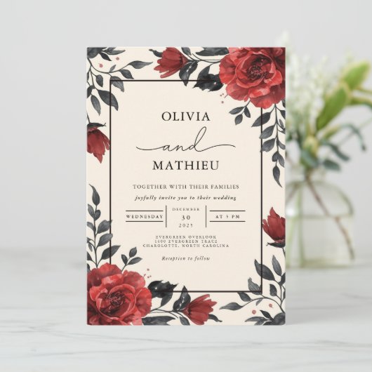 Deep Red Floral Romantische bruiloft Kaart (Staand voorkant)