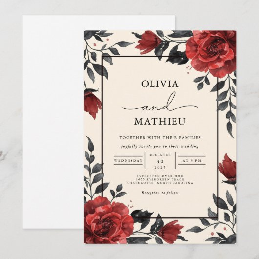 Deep Red Floral Romantische bruiloft Kaart (Voorkant / Achterkant)