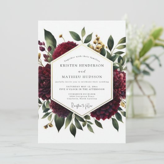 Deep Red Floral Whimsy Wedding Kaart (Staand voorkant)