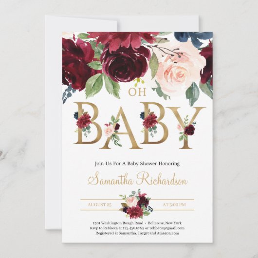 Deep Red Florals en Gold Foil Lettering Oh Baby Kaart (Voorkant)