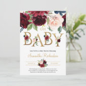 Deep Red Florals en Gold Foil Lettering Oh Baby Kaart (Staand voorkant)