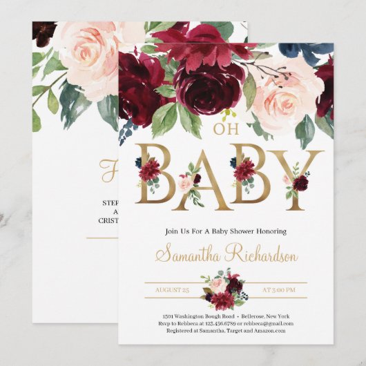 Deep Red Florals en Gold Foil Lettering Oh Baby Kaart (Voorkant / Achterkant)
