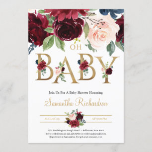 Deep Red Florals en Gold Foil Lettering Oh Baby Kaart