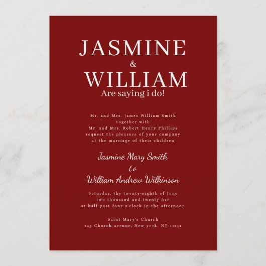 Deep Red Formal Typography Wedding Invite Kaart (Voorkant)