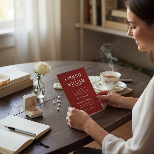 Deep Red Formal Typography Wedding Invite Kaart