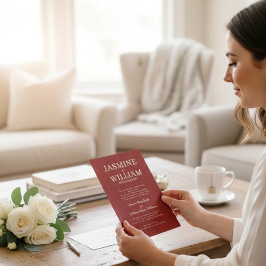 Deep Red Formal Typography Wedding Invite Kaart