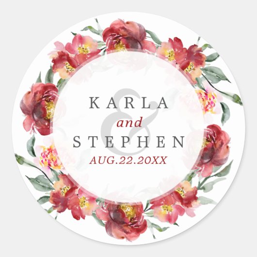 Deep-red Garden Flowers Wreath Ronde Sticker (Voorkant)