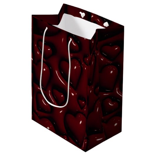 Deep Red Glossy Hearts Gift Bag Medium Cadeauzakje (Voorkant Gekanteld)