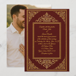 Deep Red & Gold Embossed filigraan foto uitnodigin Kaart