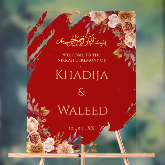 Deep Red & Gold Floral Moslim Nikkah Welkomstbord Acryl Bord (Neutraal)