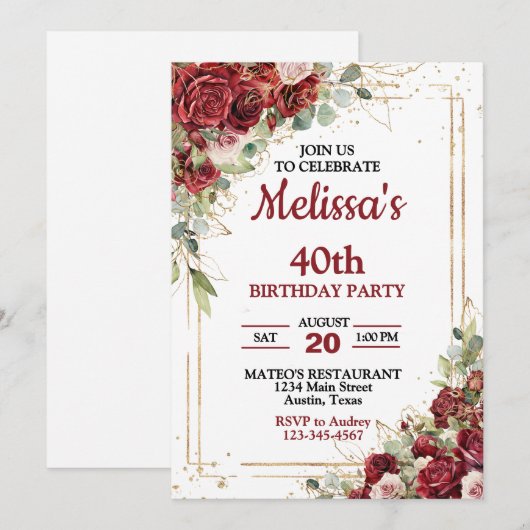 Deep Red & Gold Lijst Rozen elk jaar Kaart (Voorkant / Achterkant)