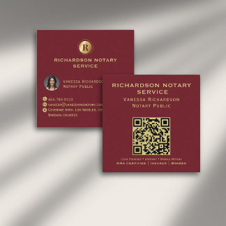 Deep Red Gold Monogram Elegante Notaris QR Foto Vierkante Visitekaartje