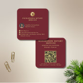 Deep Red Gold Monogram Elegante Notaris QR Foto Vierkante Visitekaartje