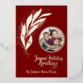 Deep Red Gold Waterverf Leaf Joyous Holiday Folie Feestdagenkaart