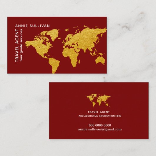 Deep Red Gold Wereldkaart reisagent Visitekaartje (Voorkant / Achterkant)