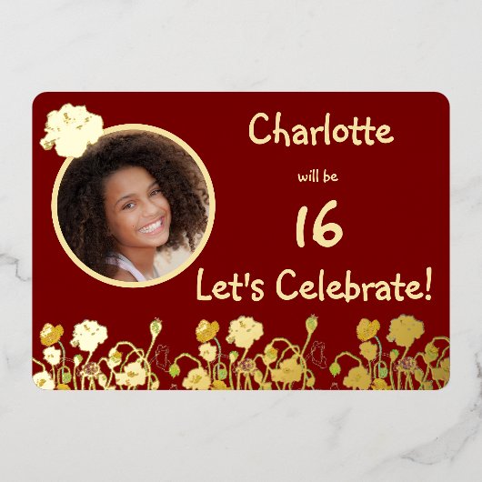 Deep Red & Gold Wild Poppy 16e verjaardag Folie Uitnodiging (Voorkant)