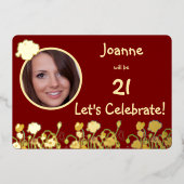 Deep Red & Gold Wild Poppy 21e verjaardag Folie Uitnodiging (Voorkant)