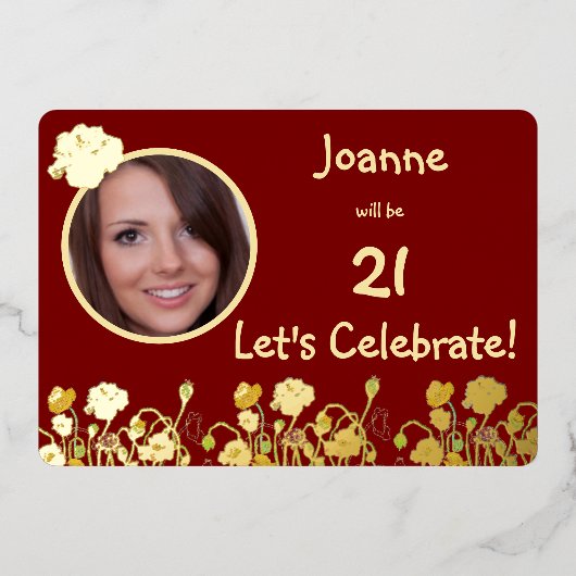 Deep Red & Gold Wild Poppy 21e verjaardag Folie Uitnodiging (Voorkant)