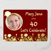 Deep Red & Gold Wild Poppy 40e verjaardag Folie Uitnodiging (Voorkant)