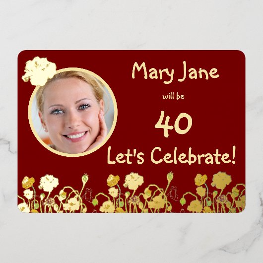 Deep Red & Gold Wild Poppy 40e verjaardag Folie Uitnodiging (Voorkant)