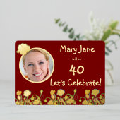 Deep Red & Gold Wild Poppy 40e verjaardag Folie Uitnodiging (Staand Voorkant)