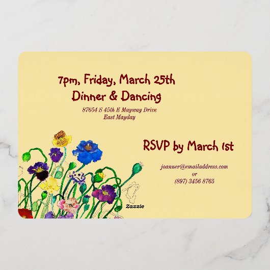 Deep Red & Gold Wild Poppy 40e verjaardag Folie Uitnodiging (Achterkant)