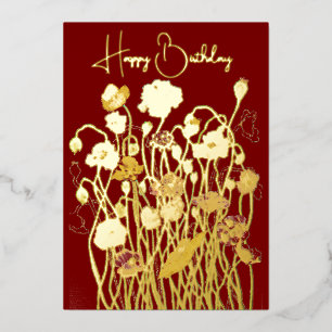 Deep Red & Gold Wild Poppy Waterverf Verjaardag Folie Feestdagenkaart
