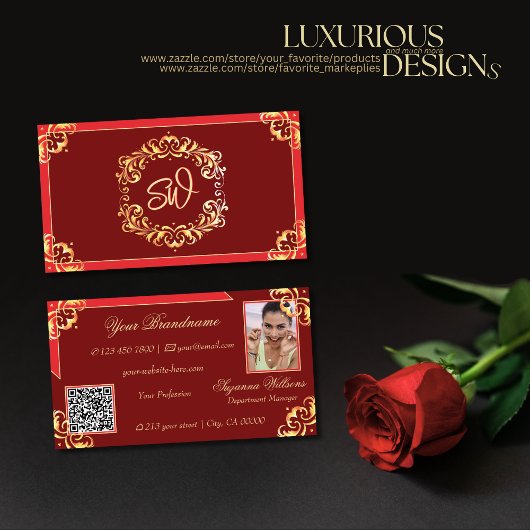 Deep Red Golden  Monogram Foto QR-code Visitekaartje