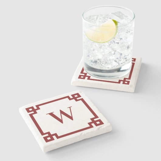 Deep Red Greek Key Border Monogram Stenen Onderzetter (Zijkant)