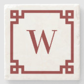 Deep Red Greek Key Border Monogram Stenen Onderzetter (Voorkant)
