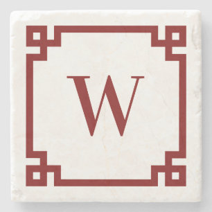 Deep Red Greek Key Border Monogram Stenen Onderzetter