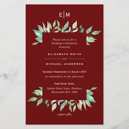 Deep Red Greenery Leaves Budget Wedding nodigt A9  (Voorkant)