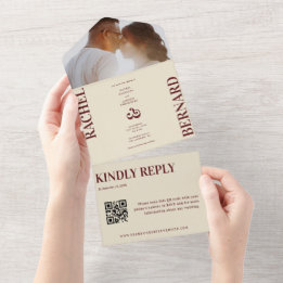 Deep Red & Ivory Typography QR Code Wedding   All In One Uitnodiging