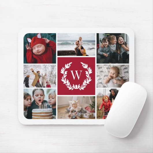 Deep Red Laurel Wreater Monogram Photo Collage Muismat (Met muis)