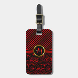 Deep Red Leopard Animal Pattern - Monogram Bagagelabel