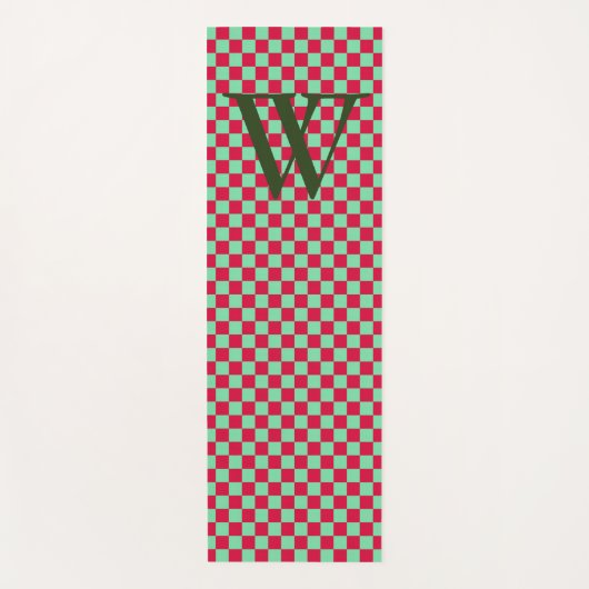 Deep Red & Light Green Checkerboard Monogramed Yogamat (Voorkant)