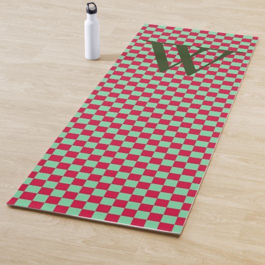 Deep Red & Light Green Checkerboard Monogramed Yogamat (In situ)