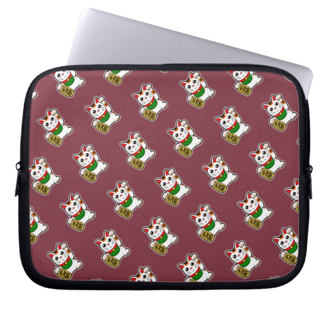 Deep Red Lucky Cat Pattern Laptop Sleeve (Voorkant)