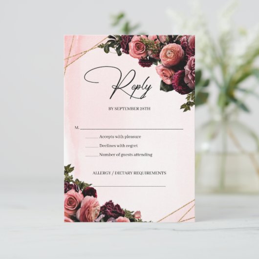 Deep Red marsala mauve blush bogundy bloemen RSVP Kaartje (Staand voorkant)