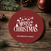 Deep Red Merry Christmas Classic Ronde Sticker