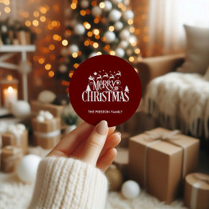 Deep Red Merry Christmas Classic Ronde Sticker