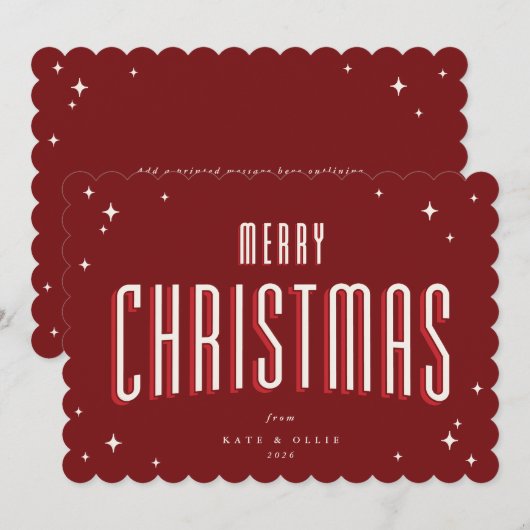 Deep Red Merry Christmas Retro sterren Flat Feestdagenkaart (Voorkant / Achterkant)