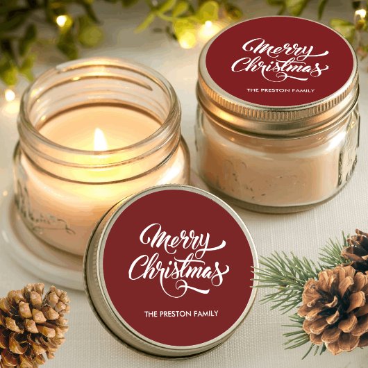 Deep Red Merry Christmas Ronde Sticker