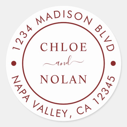 Deep Red Modern Script Return-adres Ronde Sticker (Voorkant)
